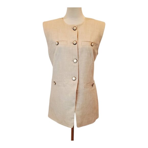 NWT RACHEL ZOE SZ 6 Basket Weave Long Vest With Gold Tone Buttons Tan Beige - Picture 2 of 9